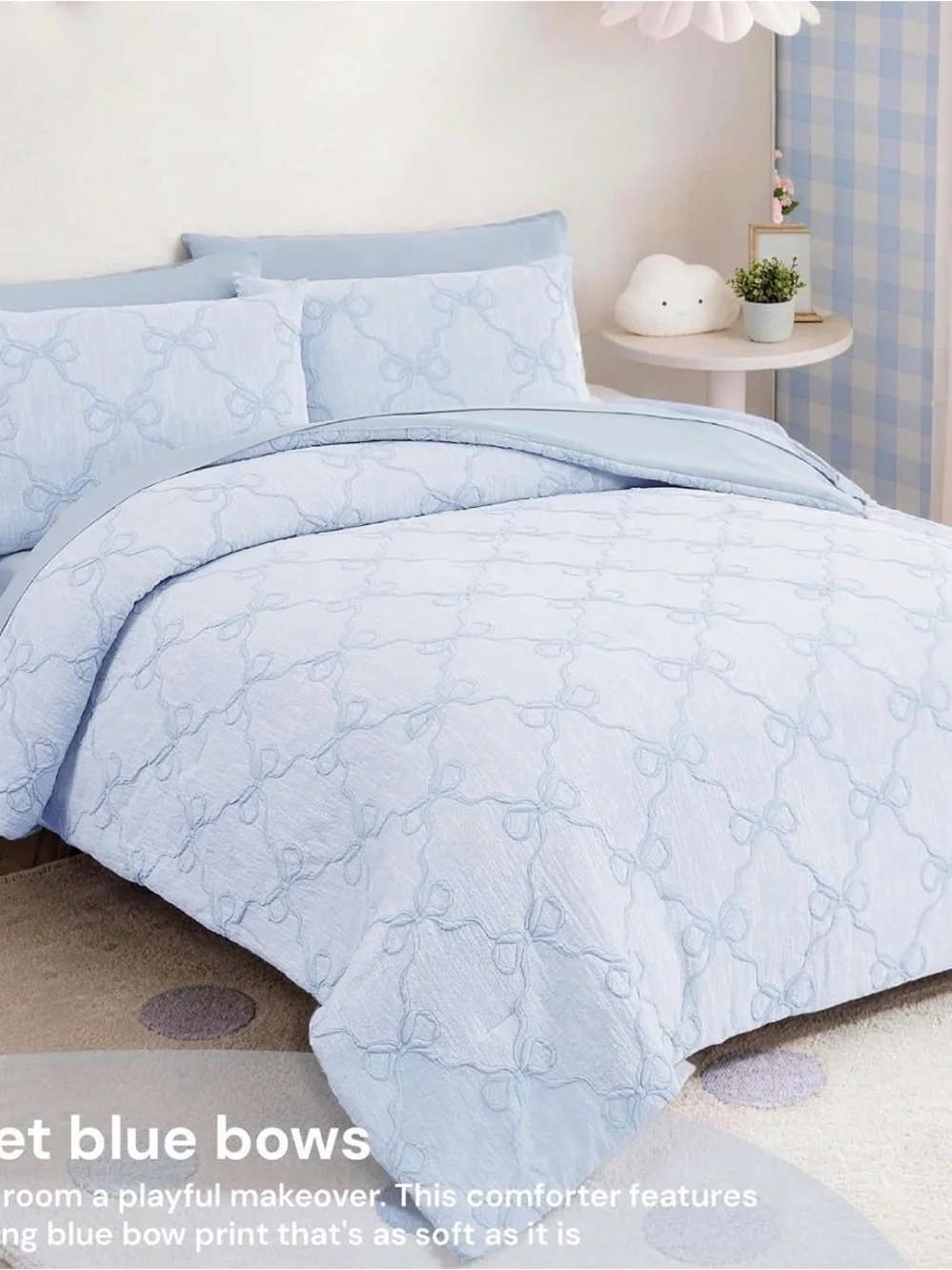 Light Blue Bow Quilted Comforter Set - Brand
